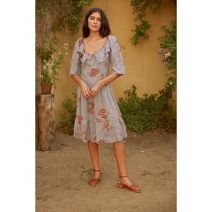 Vintage Women's Cottagecore Floral Purple Midi Dress Ruffle Neckline- Size Small